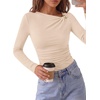 image:imagePRETTYGARDEN Long Sleeve Shirts for Women 2026 Ruched Knit Asymmetrical Tight Fitted Going Out Tops Y2k Fall ClothesBeige