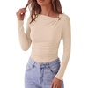 image:imagePRETTYGARDEN Long Sleeve Shirts for Women 2026 Ruched Knit Asymmetrical Tight Fitted Going Out Tops Y2k Fall ClothesBeige