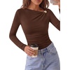 image:imagePRETTYGARDEN Long Sleeve Shirts for Women 2026 Ruched Knit Asymmetrical Tight Fitted Going Out Tops Y2k Fall ClothesDark Brown