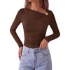 image:imagePRETTYGARDEN Long Sleeve Shirts for Women 2026 Ruched Knit Asymmetrical Tight Fitted Going Out Tops Y2k Fall ClothesDark Brown