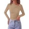 image:imagePRETTYGARDEN Long Sleeve Shirts for Women 2026 Ruched Knit Asymmetrical Tight Fitted Going Out Tops Y2k Fall ClothesKhaki