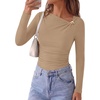 image:imagePRETTYGARDEN Long Sleeve Shirts for Women 2026 Ruched Knit Asymmetrical Tight Fitted Going Out Tops Y2k Fall ClothesKhaki