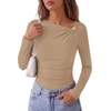 image:imagePRETTYGARDEN Long Sleeve Shirts for Women 2026 Ruched Knit Asymmetrical Tight Fitted Going Out Tops Y2k Fall ClothesKhaki