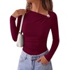 image:imagePRETTYGARDEN Long Sleeve Shirts for Women 2026 Ruched Knit Asymmetrical Tight Fitted Going Out Tops Y2k Fall ClothesWine Red
