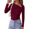image:imagePRETTYGARDEN Long Sleeve Shirts for Women 2026 Ruched Knit Asymmetrical Tight Fitted Going Out Tops Y2k Fall ClothesWine Red