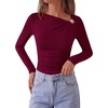 image:imagePRETTYGARDEN Long Sleeve Shirts for Women 2026 Ruched Knit Asymmetrical Tight Fitted Going Out Tops Y2k Fall ClothesWine Red