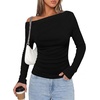 image:imagePRETTYGARDEN Off The Shoulder Tops for Women Going Out Long Sleeve Shirts 2026 Fall Casual Fitted Ribbed Ruched Y2K ClothesBlack