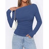 image:imagePRETTYGARDEN Off The Shoulder Tops for Women Going Out Long Sleeve Shirts 2026 Fall Casual Fitted Ribbed Ruched Y2K ClothesGrey Blue
