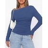 image:imagePRETTYGARDEN Off The Shoulder Tops for Women Going Out Long Sleeve Shirts 2026 Fall Casual Fitted Ribbed Ruched Y2K ClothesGrey Blue
