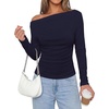 image:imagePRETTYGARDEN Off The Shoulder Tops for Women Going Out Long Sleeve Shirts 2026 Fall Casual Fitted Ribbed Ruched Y2K ClothesNavy
