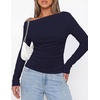 image:imagePRETTYGARDEN Off The Shoulder Tops for Women Going Out Long Sleeve Shirts 2026 Fall Casual Fitted Ribbed Ruched Y2K ClothesNavy