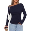 image:imagePRETTYGARDEN Off The Shoulder Tops for Women Going Out Long Sleeve Shirts 2026 Fall Casual Fitted Ribbed Ruched Y2K ClothesNavy
