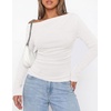 image:imagePRETTYGARDEN Off The Shoulder Tops for Women Going Out Long Sleeve Shirts 2026 Fall Casual Fitted Ribbed Ruched Y2K ClothesWhite