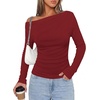 image:imagePRETTYGARDEN Off The Shoulder Tops for Women Going Out Long Sleeve Shirts 2026 Fall Casual Fitted Ribbed Ruched Y2K ClothesWine Red