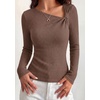 image:imagePRETTYGARDEN Womens 2026 Early Fall Fashion Long Sleeve T Shirts Asymmetrical Ribbed Fitted Trendy Going Out Tops Y2K OutfitsBrown