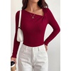image:imagePRETTYGARDEN Womens 2026 Early Fall Fashion Long Sleeve T Shirts Asymmetrical Ribbed Fitted Trendy Going Out Tops Y2K OutfitsDark Red