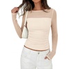 image:imagePRETTYGARDEN Womens 2026 Fall Long Sleeve T Shirts Sheer Mesh Boat Neck Ruched Fitted Going Out Summer Tops Fashion ClothingApricot
