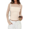image:imagePRETTYGARDEN Womens 2026 Fall Long Sleeve T Shirts Sheer Mesh Boat Neck Ruched Fitted Going Out Summer Tops Fashion ClothingApricot
