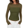 image:imagePRETTYGARDEN Womens 2026 Fall Long Sleeve T Shirts Sheer Mesh Boat Neck Ruched Fitted Going Out Summer Tops Fashion ClothingArmy Green