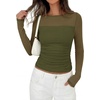 image:imagePRETTYGARDEN Womens 2026 Fall Long Sleeve T Shirts Sheer Mesh Boat Neck Ruched Fitted Going Out Summer Tops Fashion ClothingArmy Green