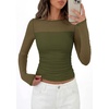 image:imagePRETTYGARDEN Womens 2026 Fall Long Sleeve T Shirts Sheer Mesh Boat Neck Ruched Fitted Going Out Summer Tops Fashion ClothingArmy Green