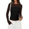 image:imagePRETTYGARDEN Womens 2026 Fall Long Sleeve T Shirts Sheer Mesh Boat Neck Ruched Fitted Going Out Summer Tops Fashion ClothingBlack