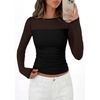 image:imagePRETTYGARDEN Womens 2026 Fall Long Sleeve T Shirts Sheer Mesh Boat Neck Ruched Fitted Going Out Summer Tops Fashion ClothingBlack