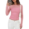 image:imagePRETTYGARDEN Womens 2026 Fall Long Sleeve T Shirts Sheer Mesh Boat Neck Ruched Fitted Going Out Summer Tops Fashion ClothingPink