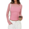 image:imagePRETTYGARDEN Womens 2026 Fall Long Sleeve T Shirts Sheer Mesh Boat Neck Ruched Fitted Going Out Summer Tops Fashion ClothingPink