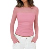 image:imagePRETTYGARDEN Womens 2026 Fall Long Sleeve T Shirts Sheer Mesh Boat Neck Ruched Fitted Going Out Summer Tops Fashion ClothingPink