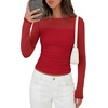 image:imagePRETTYGARDEN Womens 2026 Fall Long Sleeve T Shirts Sheer Mesh Boat Neck Ruched Fitted Going Out Summer Tops Fashion ClothingRed