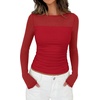 image:imagePRETTYGARDEN Womens 2026 Fall Long Sleeve T Shirts Sheer Mesh Boat Neck Ruched Fitted Going Out Summer Tops Fashion ClothingRed