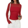 image:imagePRETTYGARDEN Womens 2026 Fall Long Sleeve T Shirts Sheer Mesh Boat Neck Ruched Fitted Going Out Summer Tops Fashion ClothingRed