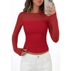 image:imagePRETTYGARDEN Womens 2026 Fall Long Sleeve T Shirts Sheer Mesh Boat Neck Ruched Fitted Going Out Summer Tops Fashion ClothingRed