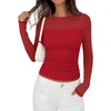 image:imagePRETTYGARDEN Womens 2026 Fall Long Sleeve T Shirts Sheer Mesh Boat Neck Ruched Fitted Going Out Summer Tops Fashion ClothingRed
