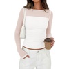 image:imagePRETTYGARDEN Womens 2026 Fall Long Sleeve T Shirts Sheer Mesh Boat Neck Ruched Fitted Going Out Summer Tops Fashion ClothingWhite
