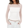 image:imagePRETTYGARDEN Womens 2026 Fall Long Sleeve T Shirts Sheer Mesh Boat Neck Ruched Fitted Going Out Summer Tops Fashion ClothingWhite