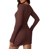 image:imagePRETTYGARDEN Womens Fall Bell Long Sleeve Mini Dress 2026 Casual Boat Neck Ribbed Bodycon Short Party Cocktail DressesBrown