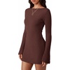 image:imagePRETTYGARDEN Womens Fall Bell Long Sleeve Mini Dress 2026 Casual Boat Neck Ribbed Bodycon Short Party Cocktail DressesBrown