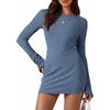 image:imagePRETTYGARDEN Womens Fall Bell Long Sleeve Mini Dress 2026 Casual Boat Neck Ribbed Bodycon Short Party Cocktail DressesGrey Blue
