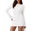 image:imagePRETTYGARDEN Womens Fall Bell Long Sleeve Mini Dress 2026 Casual Boat Neck Ribbed Bodycon Short Party Cocktail DressesWhite