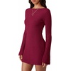 image:imagePRETTYGARDEN Womens Fall Bell Long Sleeve Mini Dress 2026 Casual Boat Neck Ribbed Bodycon Short Party Cocktail DressesWine Red