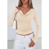 image:imagePRETTYGARDEN Womens Long Sleeve Shirts 2026 Fall Outfits Cowl Neck Ruched Slim Fitted Going Out Tops Y2K Fashion ClothingBeige