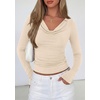 image:imagePRETTYGARDEN Womens Long Sleeve Shirts 2026 Fall Outfits Cowl Neck Ruched Slim Fitted Going Out Tops Y2K Fashion ClothingBeige