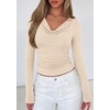 image:imagePRETTYGARDEN Womens Long Sleeve Shirts 2026 Fall Outfits Cowl Neck Ruched Slim Fitted Going Out Tops Y2K Fashion ClothingBeige