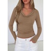 image:imagePRETTYGARDEN Womens Long Sleeve Shirts 2026 Fall Outfits Cowl Neck Ruched Slim Fitted Going Out Tops Y2K Fashion ClothingKhaki