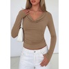 image:imagePRETTYGARDEN Womens Long Sleeve Shirts 2026 Fall Outfits Cowl Neck Ruched Slim Fitted Going Out Tops Y2K Fashion ClothingKhaki
