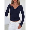 image:imagePRETTYGARDEN Womens Long Sleeve Shirts 2026 Fall Outfits Cowl Neck Ruched Slim Fitted Going Out Tops Y2K Fashion ClothingNavy Blue