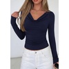 image:imagePRETTYGARDEN Womens Long Sleeve Shirts 2026 Fall Outfits Cowl Neck Ruched Slim Fitted Going Out Tops Y2K Fashion ClothingNavy Blue