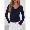 image:imagePRETTYGARDEN Womens Long Sleeve Shirts 2026 Fall Outfits Cowl Neck Ruched Slim Fitted Going Out Tops Y2K Fashion ClothingNavy Blue